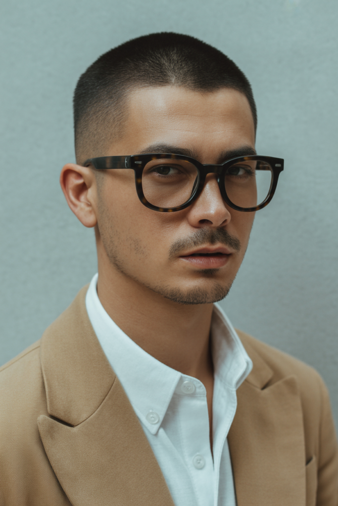 Minimal yet powerful, the crew cut haircut for men with glasses is sharp and easy to manage.