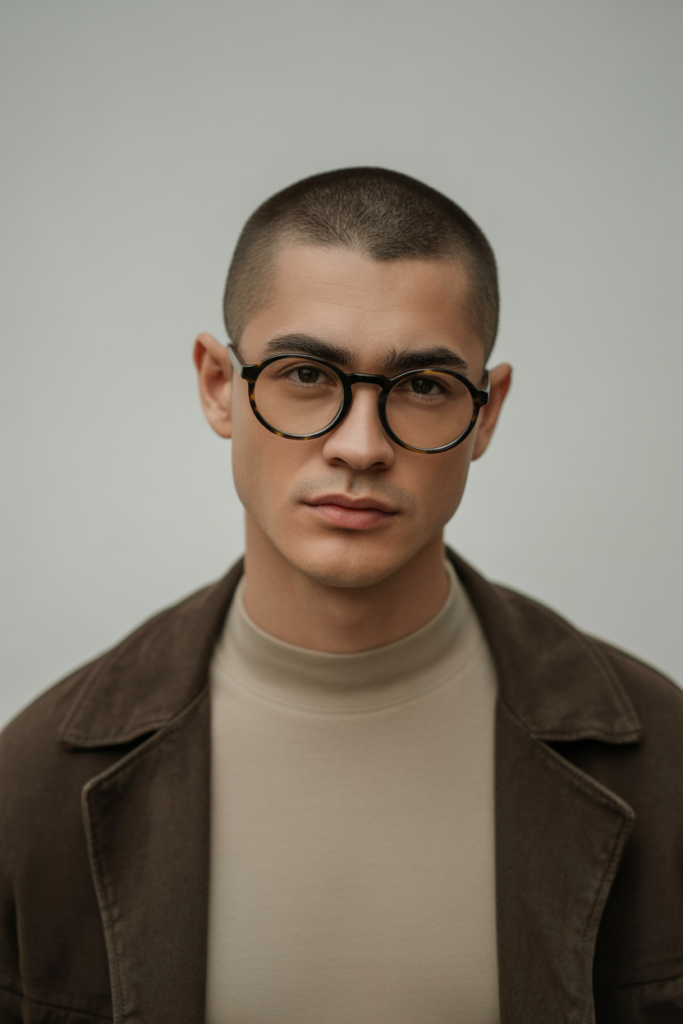 The buzz cut hairstyle for men with glasses is bold and confident.