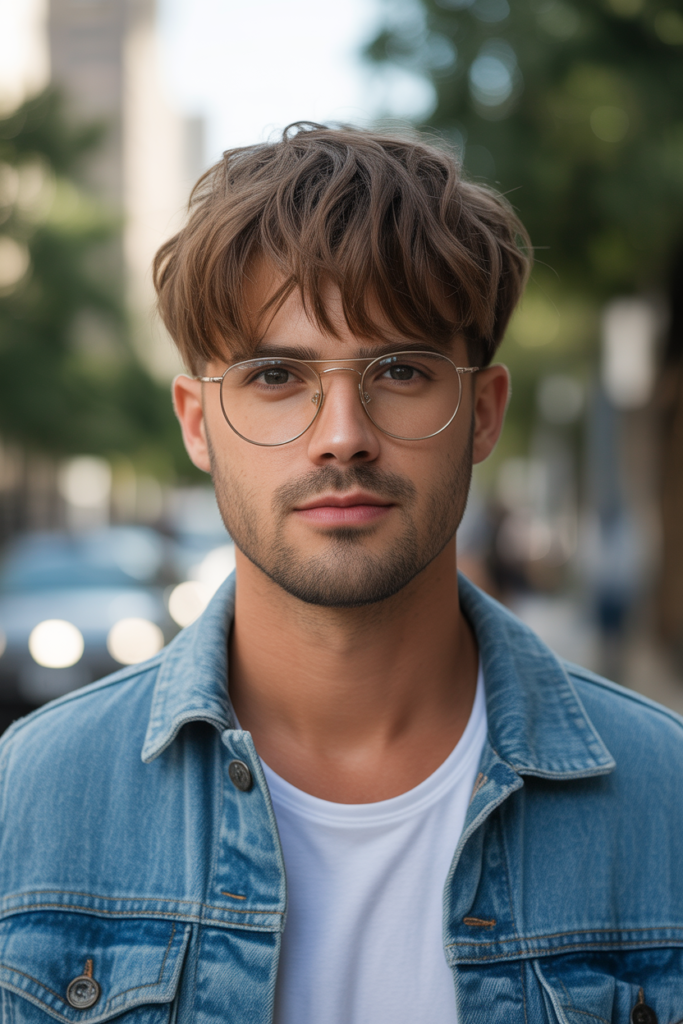 The messy fringe hairstyle adds a relaxed, effortless vibe.
