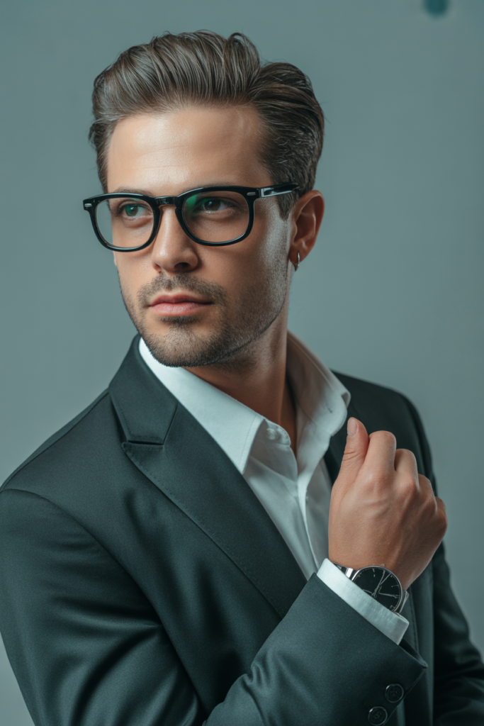 The slick back hairstyle gives a powerful, modern look.