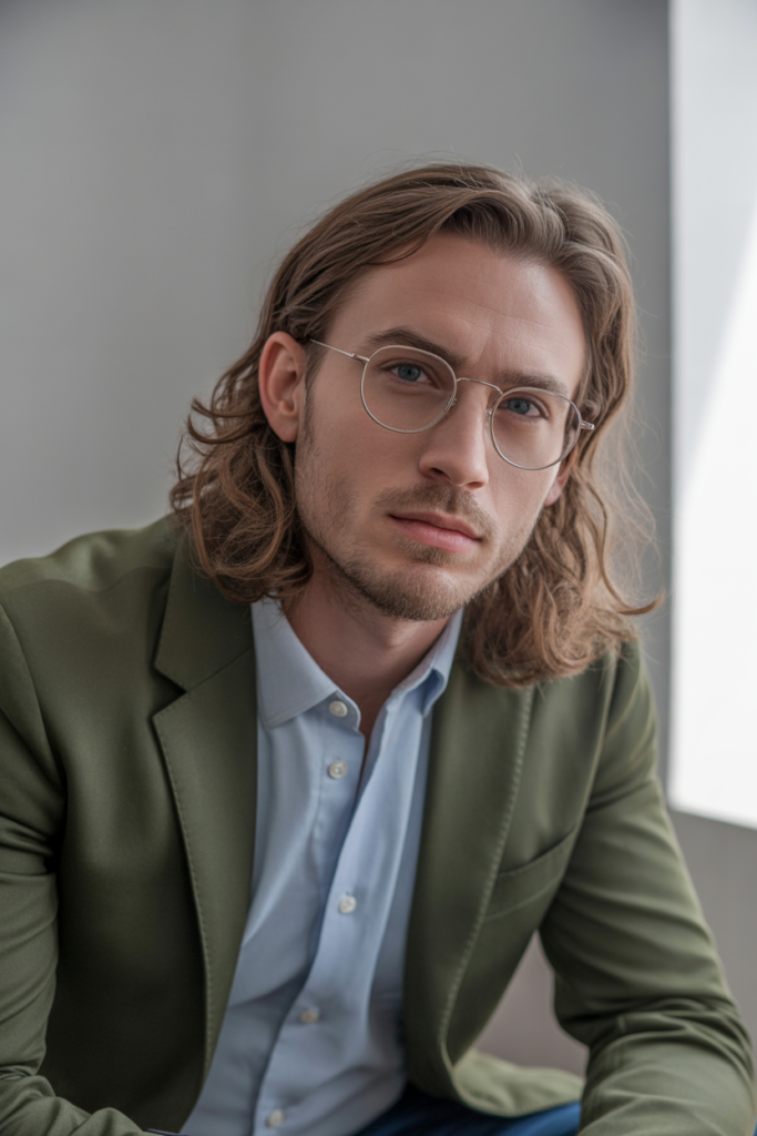 For men who prefer a trendy, intellectual vibe, long, wavy hair with glasses is perfect.